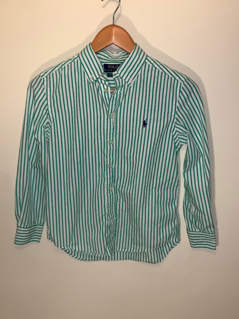 Polo Ralph Lauren Boy's Green Striped Cotton Poplin Button Down Shirt 10-12